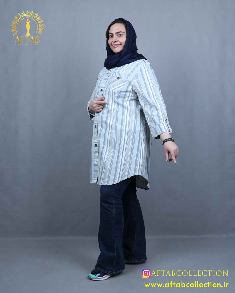 مانتو لنین راه راه یقه ایستاده سایزبزرگ 5640 - Image 3