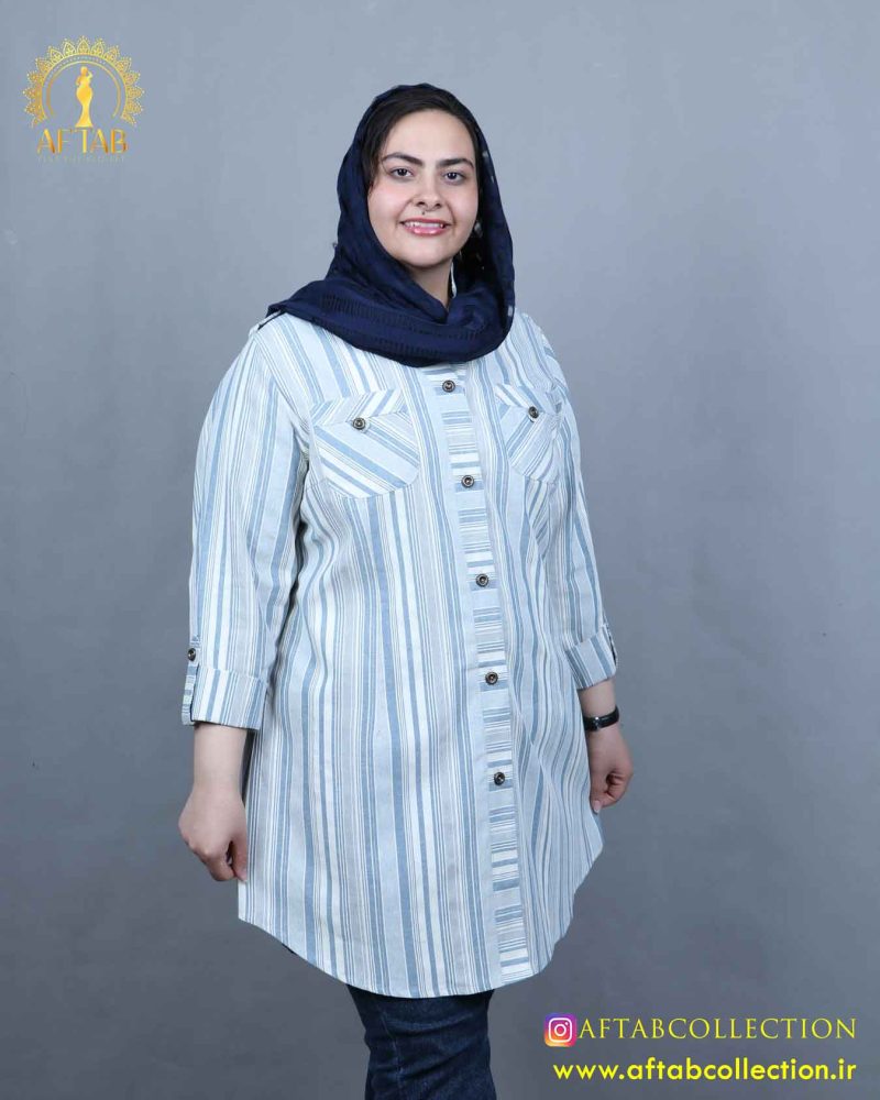 مانتو لنین راه راه یقه ایستاده سایزبزرگ 5640 - Image 4