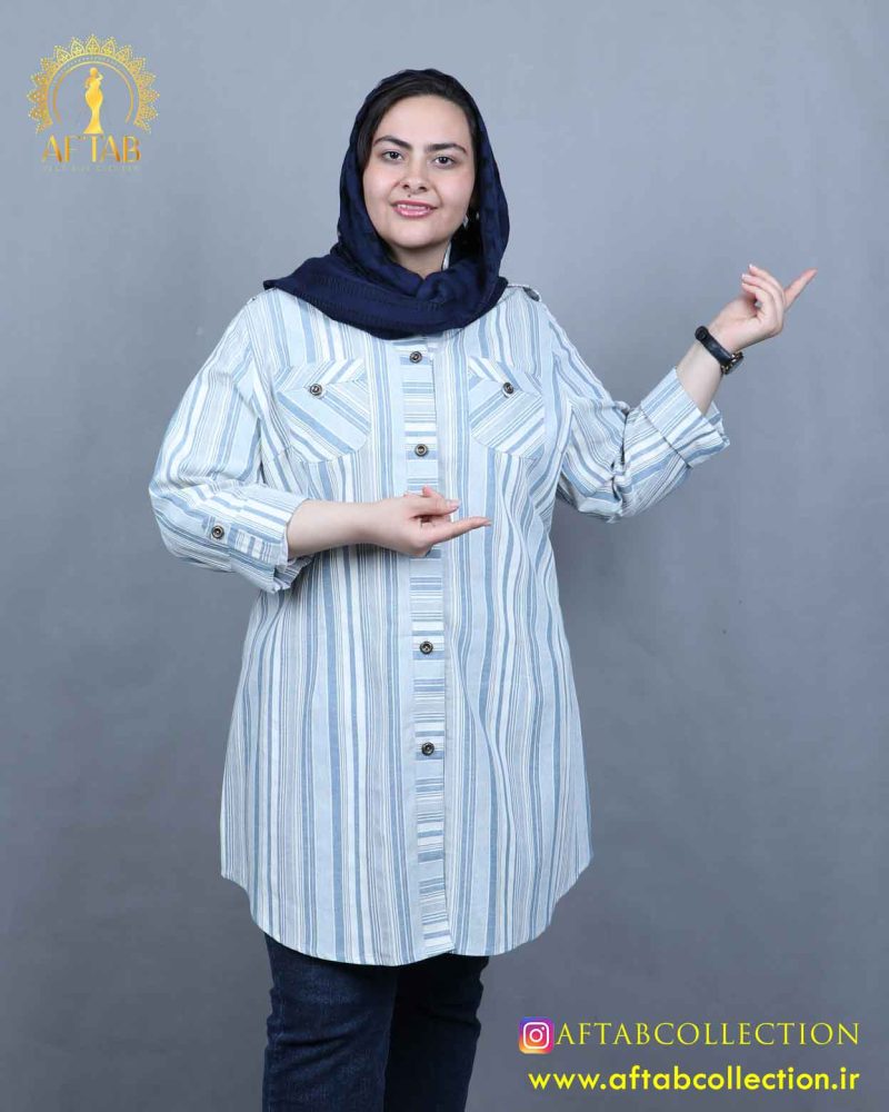 مانتو لنین راه راه یقه ایستاده سایزبزرگ 5640 - Image 5