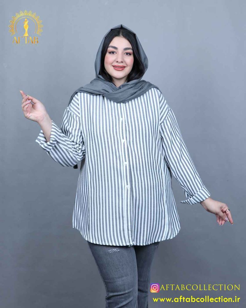 مانتو راه راه درشت سایزبزرگ طوسی تیره