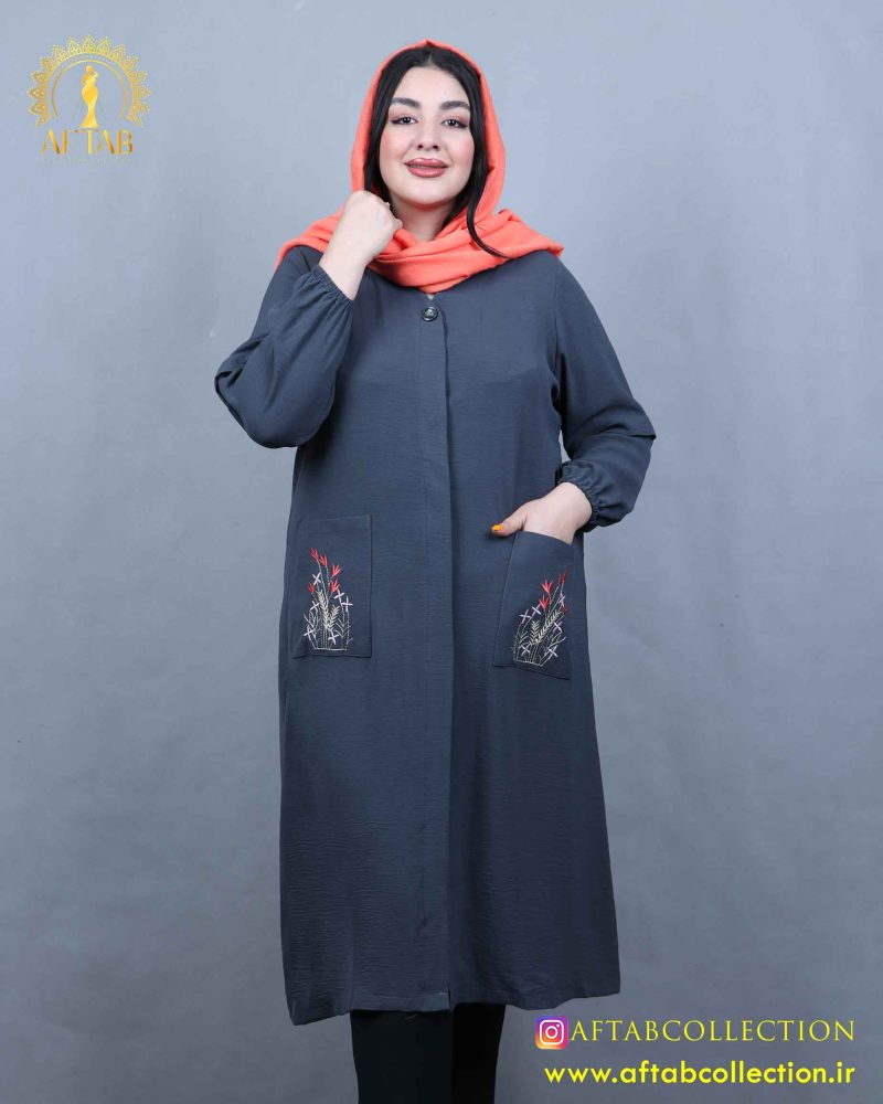 مانتو ابروبادی جیب گلدوی سایزبزرگ نما نزدیک