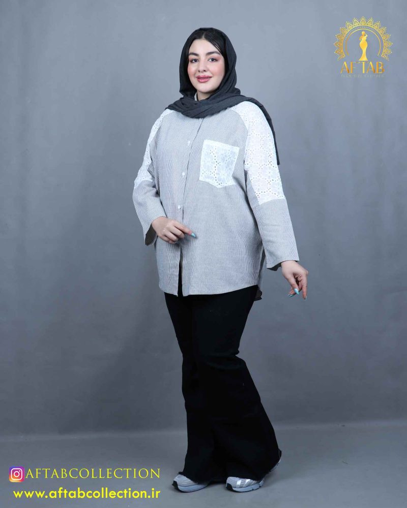 مانتو راه راه خرجکار گیپور سایزبزرگ 5787 - Image 2