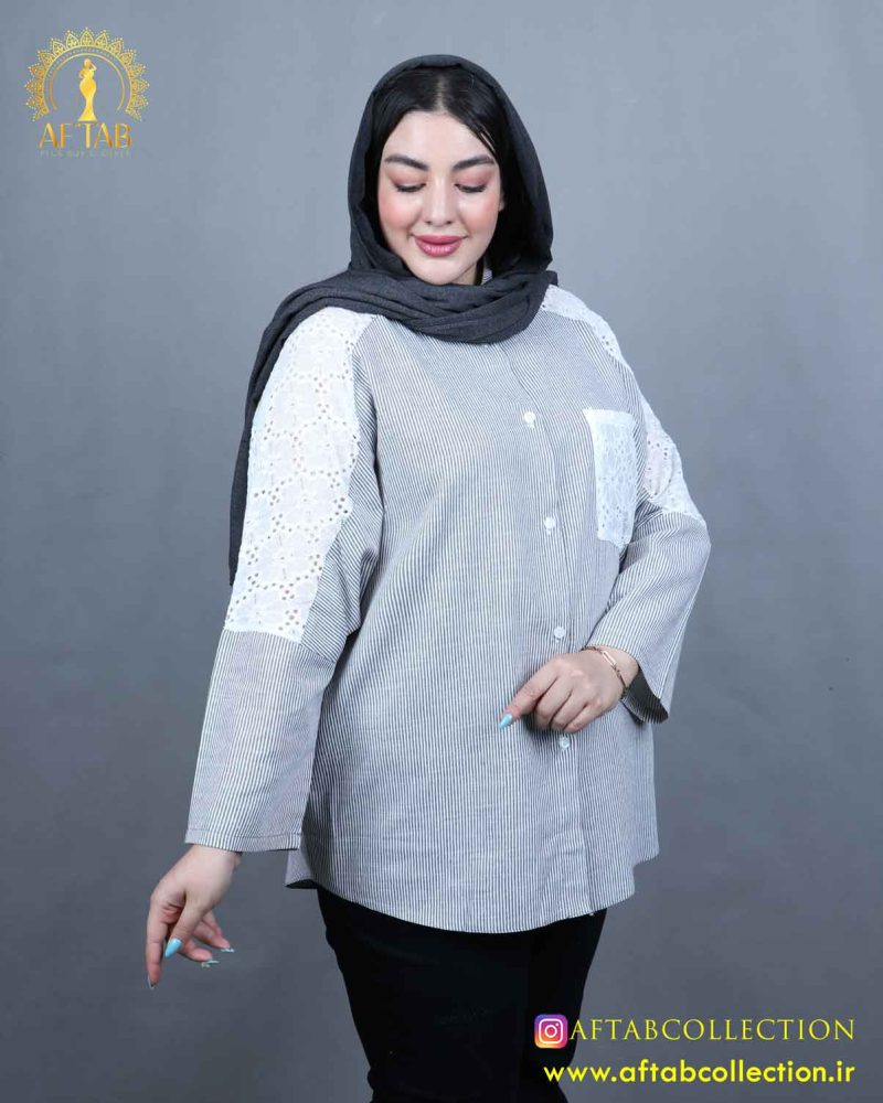 مانتو راه راه خرجکار گیپور سایزبزرگ 5787 - Image 3