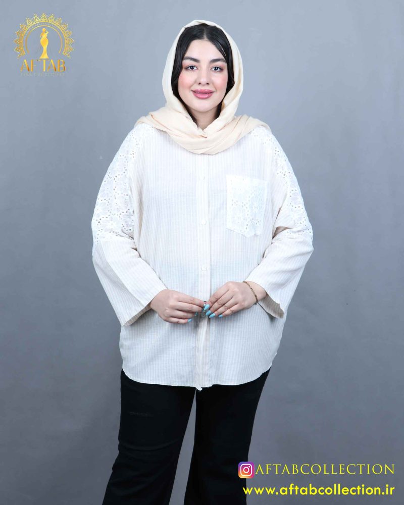 مانتو راه راه خرجکار گیپور سایزبزرگ 5787 - Image 6