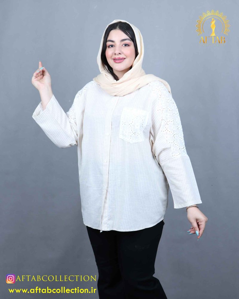 مانتو راه راه خرجکار گیپور سایزبزرگ 5787 - Image 7