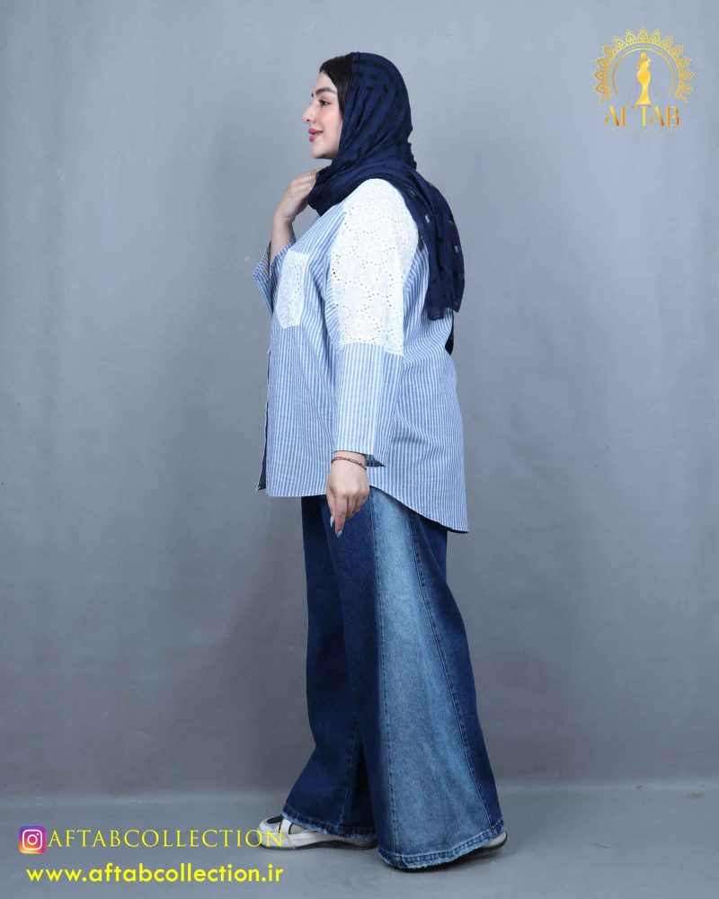 مانتو راه راه خرجکار گیپور سایزبزرگ 5787 - Image 8