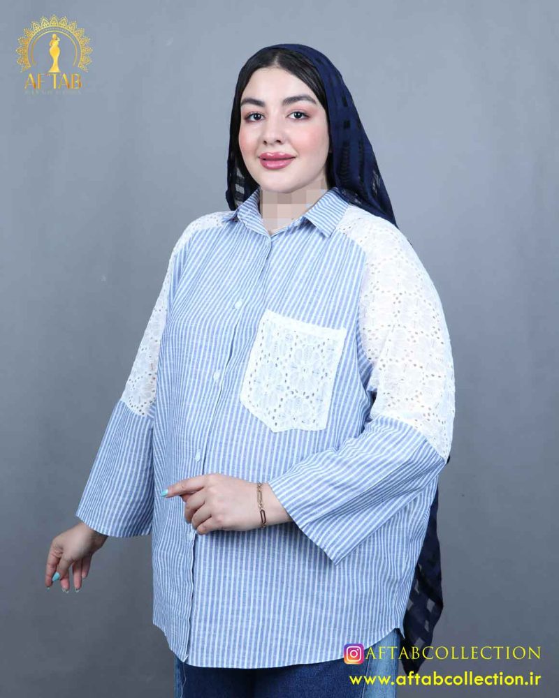 مانتو راه راه خرجکار گیپور سایزبزرگ 5787 - Image 9