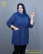 مانتو یقه کوبایی کمرگتر سایزبزرگ آبی رنگ