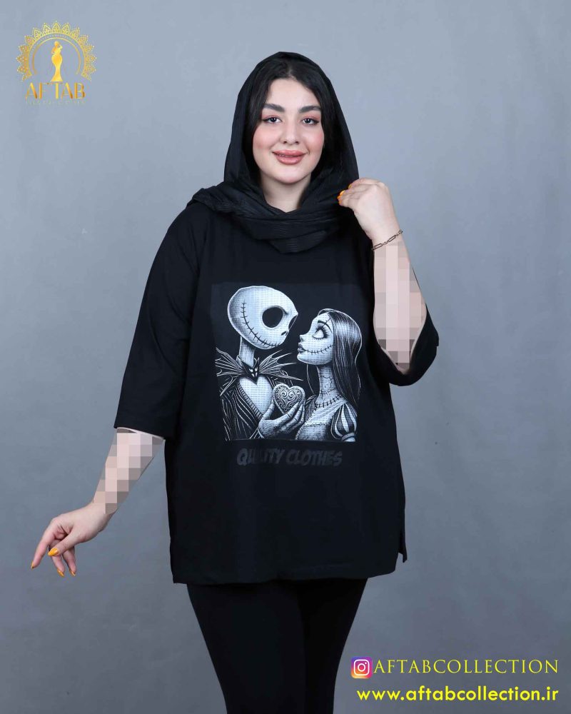 تیشرت لانگ طرح اسکلت سایزبزرگ مشکی