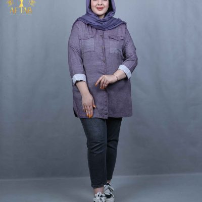 مانتو کتان پاستیلی جیب پاکتی سایزبزرگ بنفش