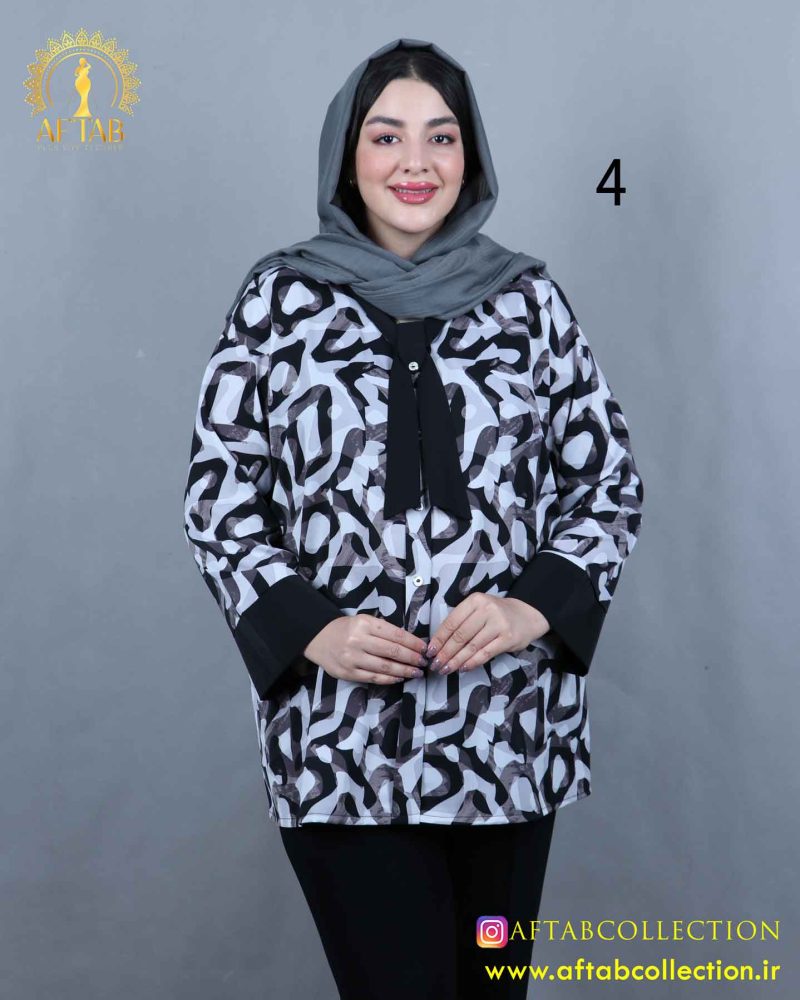شومیز کراواتی دکمه نما طرحدار سایزبزرگ 3955 - Image 5