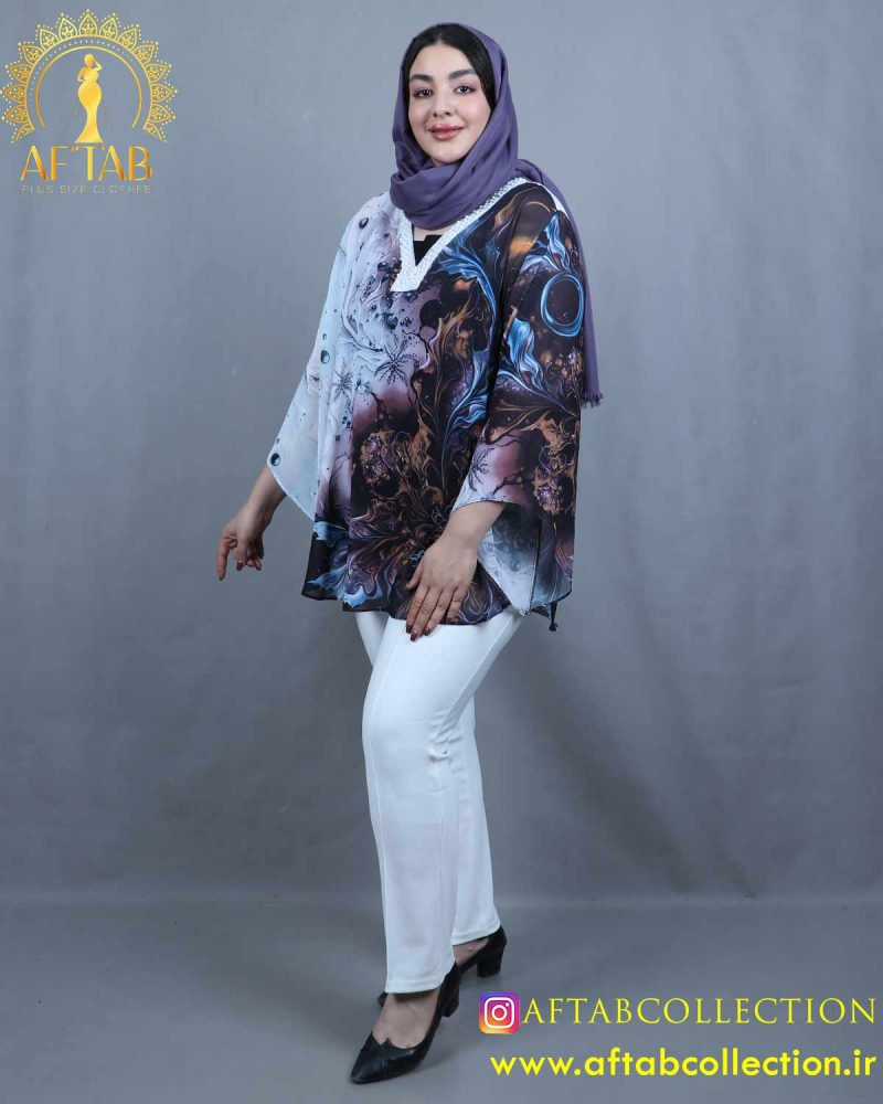شومیز حریر طرحدار یقه مروارید سایزبزرگ 6232 - Image 2