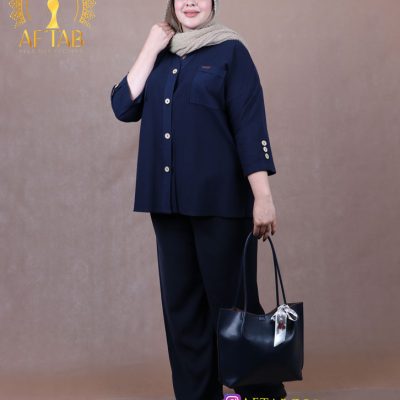 مانتو لنین آستین سه دکمه سایزبزرگ سورمه ای